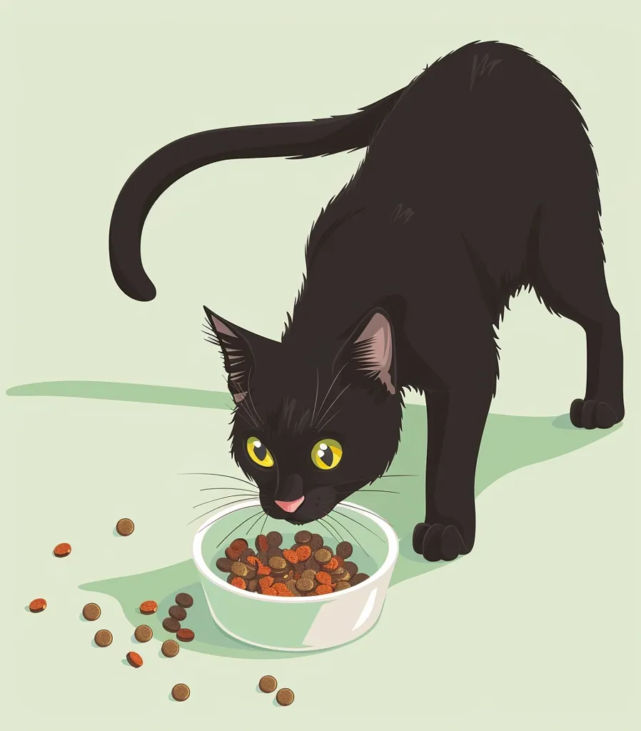 A black cat with bright yellow eyes is eating from a bowl of dry cat food. The cat is bending over the bowl and its tail is curled up behind it. There are a few scattered pieces of cat food on the floor. The background is a light green.  The cat looks hungry.