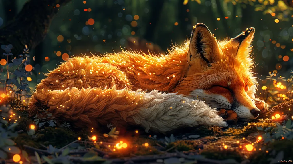 A red fox with white paws sleeps peacefully on a bed of moss and leaves. It is surrounded by a magical glow of golden lights, perhaps fireflies or pixie dust, which creates a dreamlike atmosphere. The fox's fur is soft and fluffy, and its eyes are closed in contentment. The image evokes a sense of peace and tranquility.