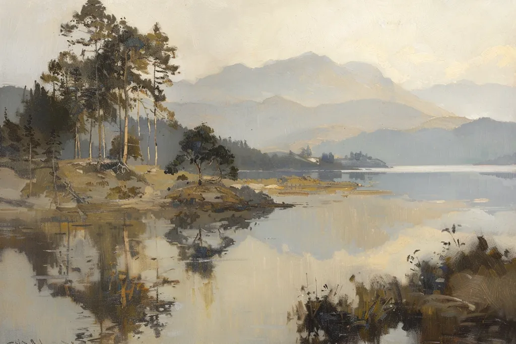 The painting depicts a serene landscape with a calm lake reflecting the surrounding mountains and trees. A group of tall trees stand on the left shore, while the right side of the image showcases a brushstroke of reeds and grasses. The scene is bathed in a soft, diffused light, giving it a peaceful and tranquil atmosphere.  The use of subtle brushstrokes and muted colors creates a sense of depth and tranquility.