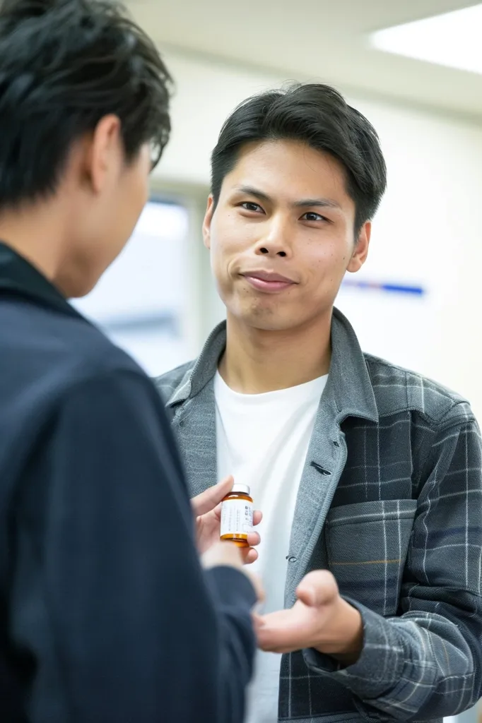 Two young men stand facing each other, the man on the right holding a small bottle in his hand. He is wearing a plaid shirt over a white t-shirt, while the man on the left is wearing a dark blue jacket. They both appear to be focused on the bottle and seem to be having a conversation. The background is out of focus and features a white wall and a blurry office setting.  The overall scene is casual and intimate.