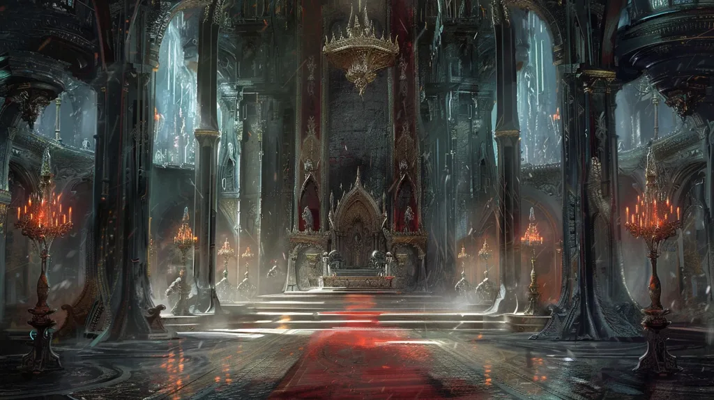 A grand, dark throne room with towering gothic arches and intricate details. A red carpet leads to a throne set upon a dais, flanked by ornate candelabras. The room is bathed in a soft, ethereal glow, hinting at a powerful presence. The overall atmosphere is regal yet ominous, suggesting a place of both grandeur and danger.
