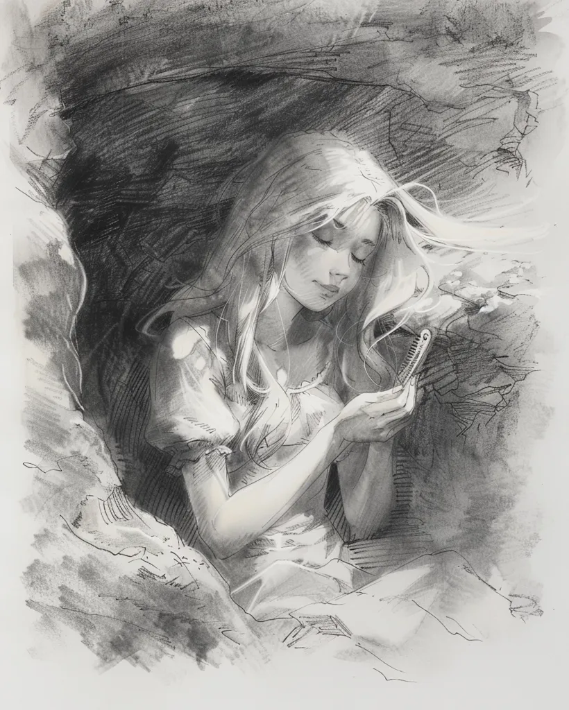The image is a black and white pencil drawing of a young woman with long hair. She is sitting in a shaded area, possibly a forest or a cave. She is holding a comb in her hand and appears to be looking down at it with a thoughtful expression. The drawing is done in a realistic style with soft shading and details. The image evokes a sense of quiet contemplation and introspection.