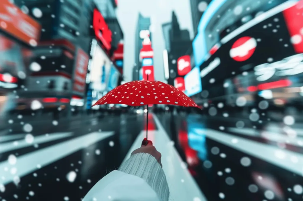 A person holds a red polka dot umbrella in front of them, walking through a snowy city street. The buildings behind are blurred and out of focus, suggesting a fast-paced city environment. The image is taken from the person's perspective, giving the viewer a sense of being present in the moment.  The bright colors of the umbrella contrast with the cool tones of the snow and city, creating a visually interesting composition.