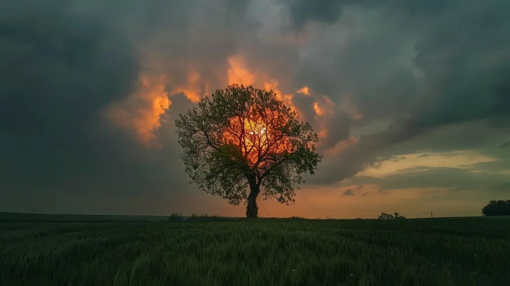 A solitary tree stands tall against a dramatic sky, its branches reaching towards a fiery orange sunset. Dark storm clouds gather above, creating a sense of impending change. The setting sun casts long shadows across the field, highlighting the tree's silhouette. The scene evokes a sense of both beauty and foreboding, suggesting the transience of nature and the cycle of life.