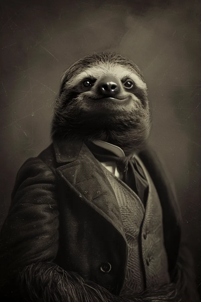 The image depicts a sloth dressed in a vintage suit, reminiscent of a gentleman from a bygone era. The sloth is wearing a dark coat, vest, and a tie, with a hint of a white collar peeking out. Its furry face, with large dark eyes and a slightly smug expression, adds a humorous touch to the dapper attire. The background is a plain, textured surface, suggesting a formal portrait setting. The overall effect is both whimsical and elegant, creating a charming and unexpected juxtaposition of animal and human attire.