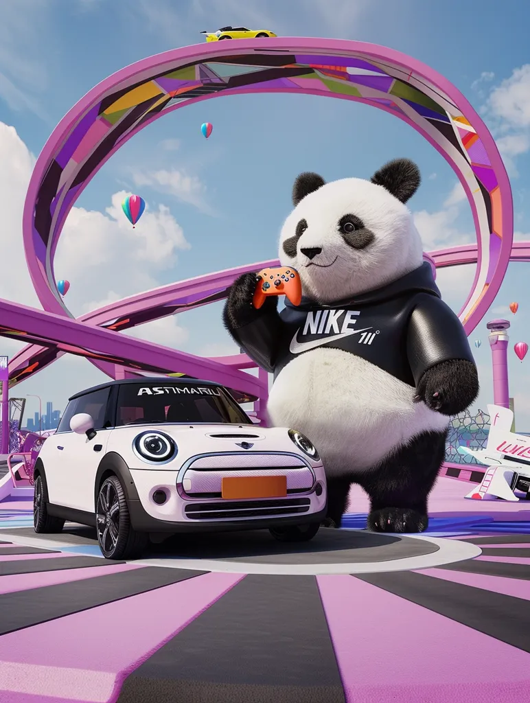 A panda wearing a black hoodie with a Nike logo stands next to a white Mini Cooper car. The panda is holding a video game controller and is looking at the camera. They are standing on a pink platform with a large pink loop in the background.  The sky is blue and there are hot air balloons in the air.