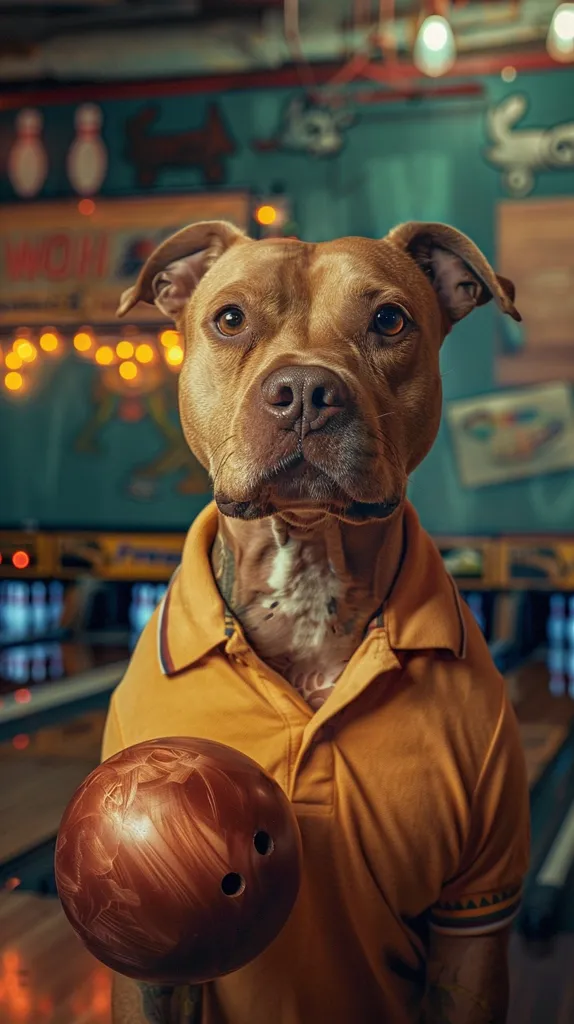 A brown and white pit bull terrier wearing a yellow polo shirt holds a bowling ball in front of a blurred bowling alley background. The dog stares intently at the camera with a serious expression, creating a humorous juxtaposition of a dog bowling.  The lighting is warm and inviting, highlighting the dog's features and the bowling ball.