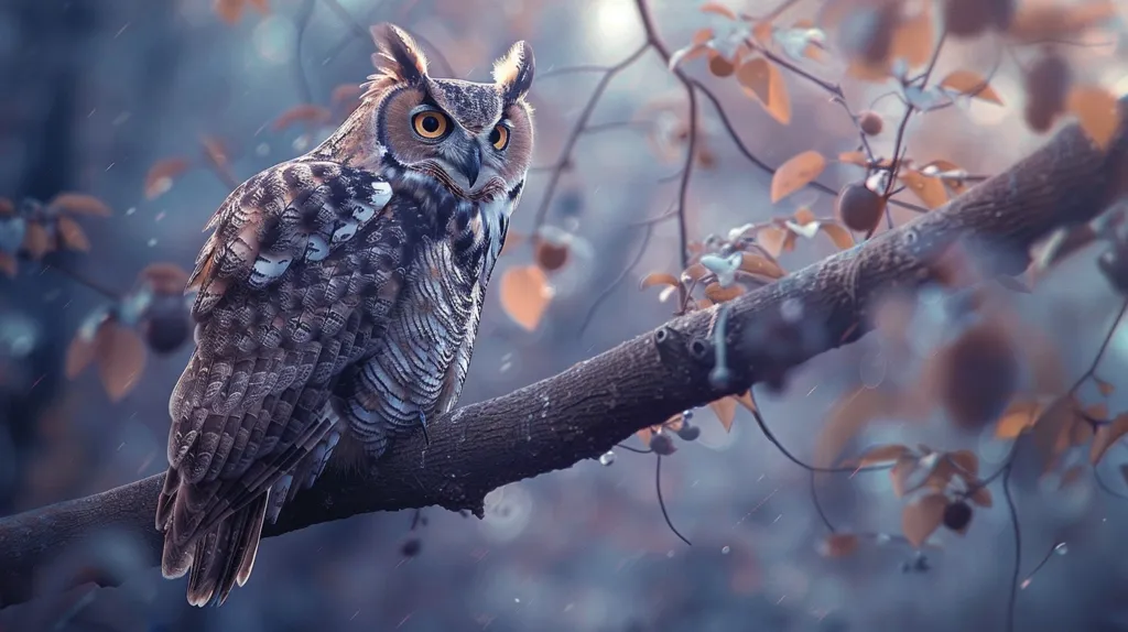 A majestic owl with striking yellow eyes perches on a branch, its feathers blending seamlessly with the blurred background. The delicate branches of a tree, adorned with autumnal leaves, frame the scene. A soft, ethereal light illuminates the scene, suggesting a misty or snowy environment. The owl's presence evokes a sense of mystery and tranquility.