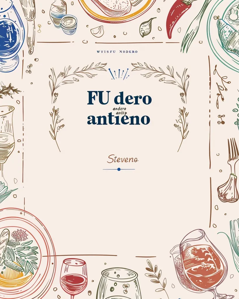The image is a hand-drawn illustration of food and drinks, with a title at the top that reads "WYISFU NODERO" and a text in the middle that says "FU dero andero antip antieno Steveno". There are various items around the text, such as glasses of wine, plates of food, a chili pepper, garlic cloves, and leafy sprigs. The overall style is a rustic and vintage feel.
