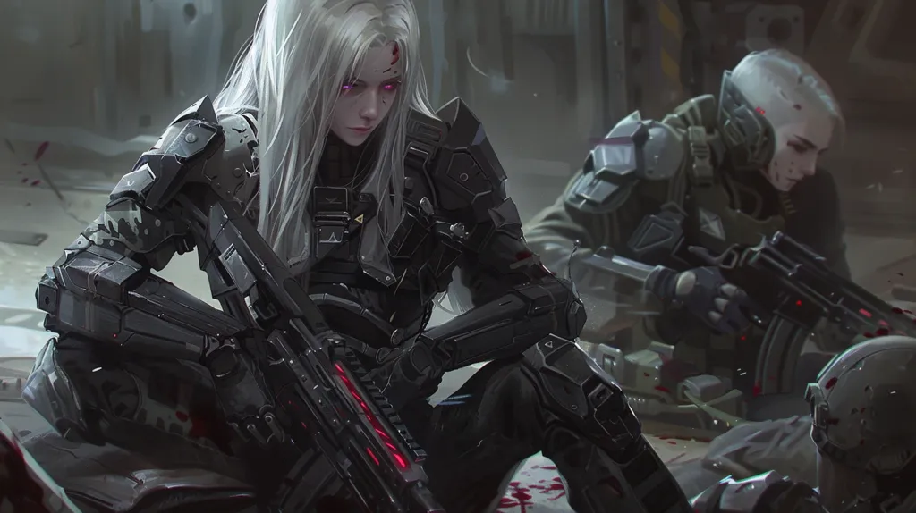 The image depicts a scene of intense battle. A female soldier, clad in black armor and wielding a large rifle, sits in the foreground. Her long white hair falls down her back, and her face is grim. A second soldier, with a shaved head and green armor, sits behind her, holding a gun in his hand. The ground is littered with blood and the bodies of fallen soldiers.  The scene is dark and gritty, reflecting the harsh realities of war.