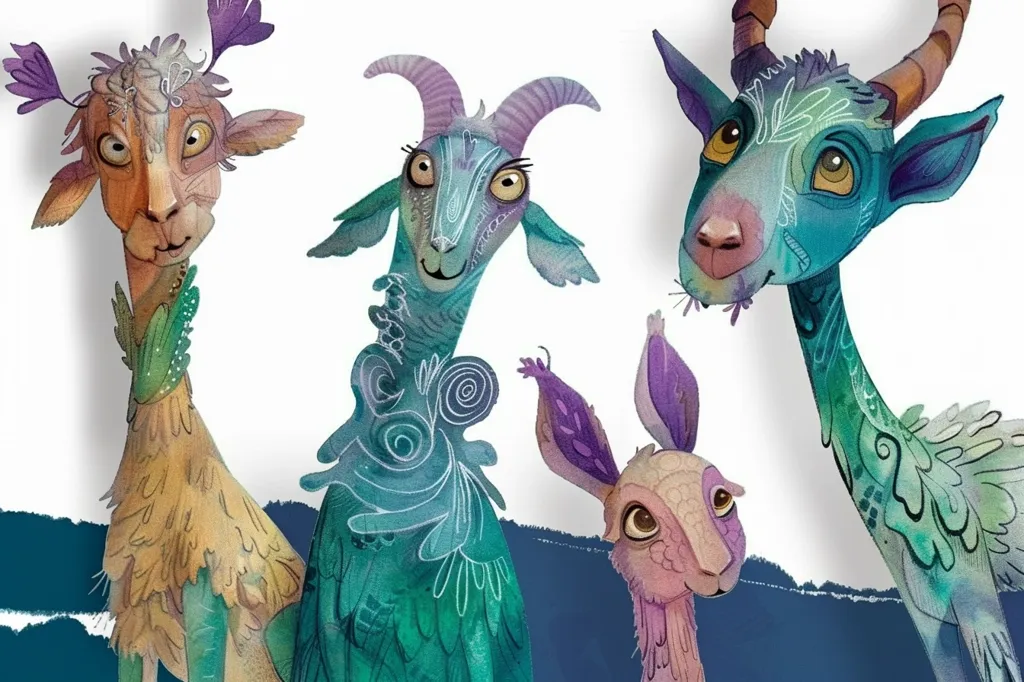 The image depicts four whimsical, anthropomorphic animals. A brown goat with purple flowers on its head, a blue goat with white swirls, a pink rabbit with purple ears, and a blue goat with green leaves on its body. The animals are all looking at the viewer with curious expressions. The background is a white and blue design.