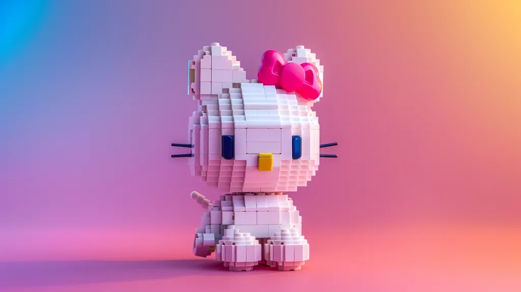 A white Hello Kitty figurine made of Lego bricks stands on a pink and orange background. The figurine has a pink bow on its head, black whiskers, blue eyes, and a yellow nose. It's a playful and colorful representation of the beloved character.