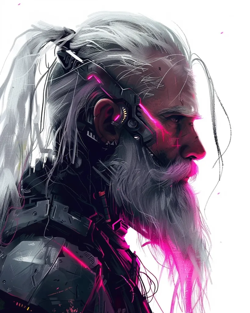 The image depicts a futuristic warrior with a long white ponytail and beard. He is wearing a black and grey armor suit with neon pink accents. His face is partially obscured by the armor, but his piercing gaze and long white beard are visible. The image is stylized with a focus on details, creating a sense of mystery and power.