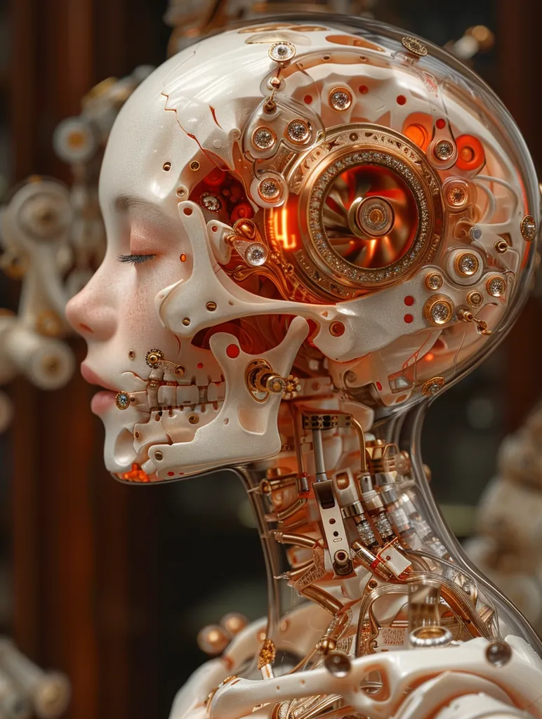 The image depicts a robotic head with a transparent skull, revealing intricate internal mechanisms. The exposed gears and wiring are intricately detailed, with a glowing, circular element at the center. The robot's face is partially visible, with closed eyes and a soft, feminine expression. The overall aesthetic is a blend of organic and mechanical, creating a sense of both beauty and artificiality. The image is likely a futuristic concept, showcasing the potential for advanced robotics.