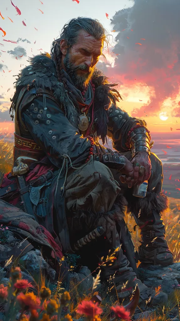 A rugged warrior, clad in dark leather and furs, sits amidst a field of wildflowers. He gazes downward, his weathered face etched with weariness. The setting sun casts a warm glow over the landscape, painting the sky in hues of orange and red.  He wears a sword on his hip and carries a small bottle in his hand, suggesting a life of hardship and conflict. The image evokes a sense of solitude and contemplation.