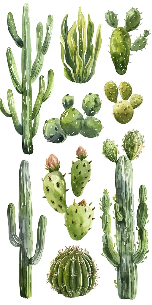 The image depicts a collection of various cactus species rendered in a watercolor style. There are tall, slender cacti with multiple arms, round, spiky cacti, and flat, paddle-shaped cacti with pink flowers. The cacti are all rendered in shades of green, with some having a yellow hue, creating a vibrant and lively composition. The white background highlights the details of the cacti and their textures.