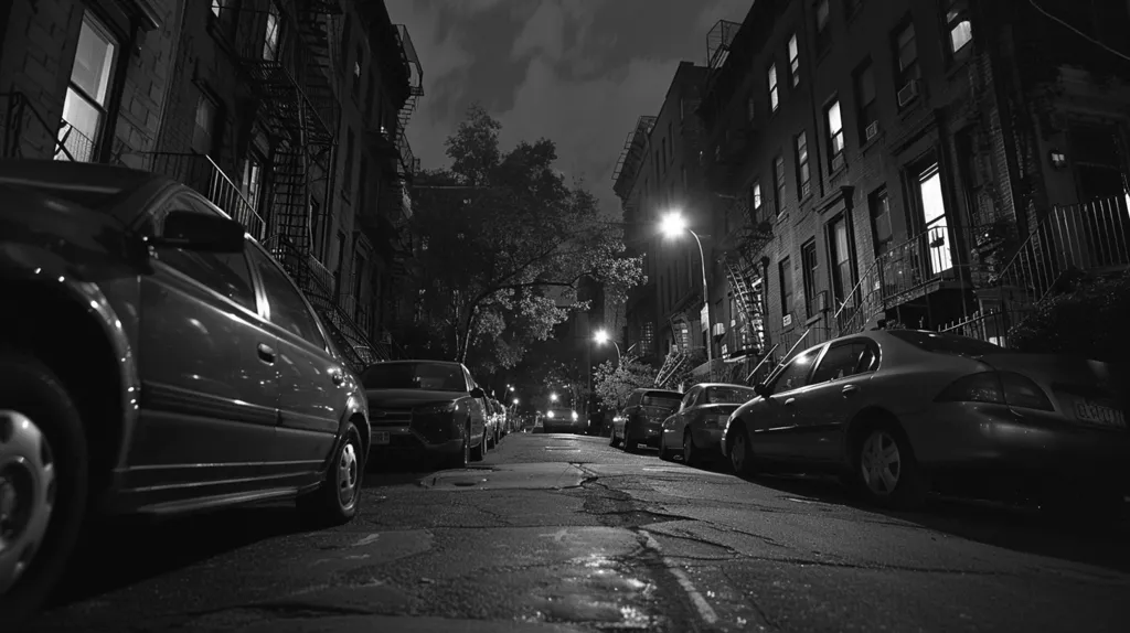 A black and white image of a city street at night. The street is lined with buildings on either side, and there are cars parked on the street. The street is lit by streetlights, and there is a tree in the background. The image is dark and atmospheric. The image is taken from the perspective of a person standing on the street, looking down the street.