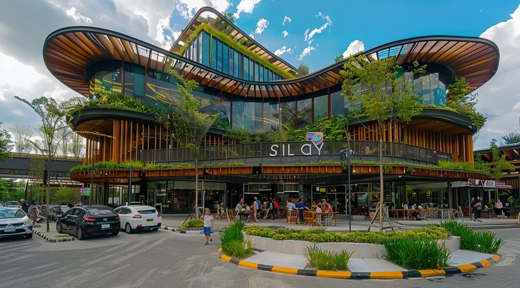 A modern, multi-story building with a curved design and large glass windows. The building is adorned with lush greenery and wooden accents, creating a natural and inviting atmosphere. People are walking in front of the building, suggesting it's a commercial space. The sign "SILAY" is prominently displayed on the facade. The surrounding area is well-maintained with greenery and paved walkways.  The building has a contemporary and eco-friendly design.