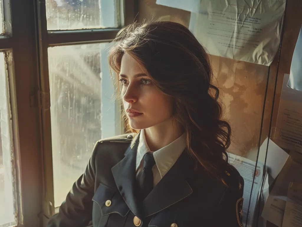 A woman with long dark hair is standing in front of a window, her gaze directed to the right. She is dressed in a dark green military-style jacket with a white collar and a dark tie. The window is partially covered with blinds and the room behind her has a worn and weathered look, with pieces of paper on the wall. The lighting is soft and the overall tone of the image is melancholic.