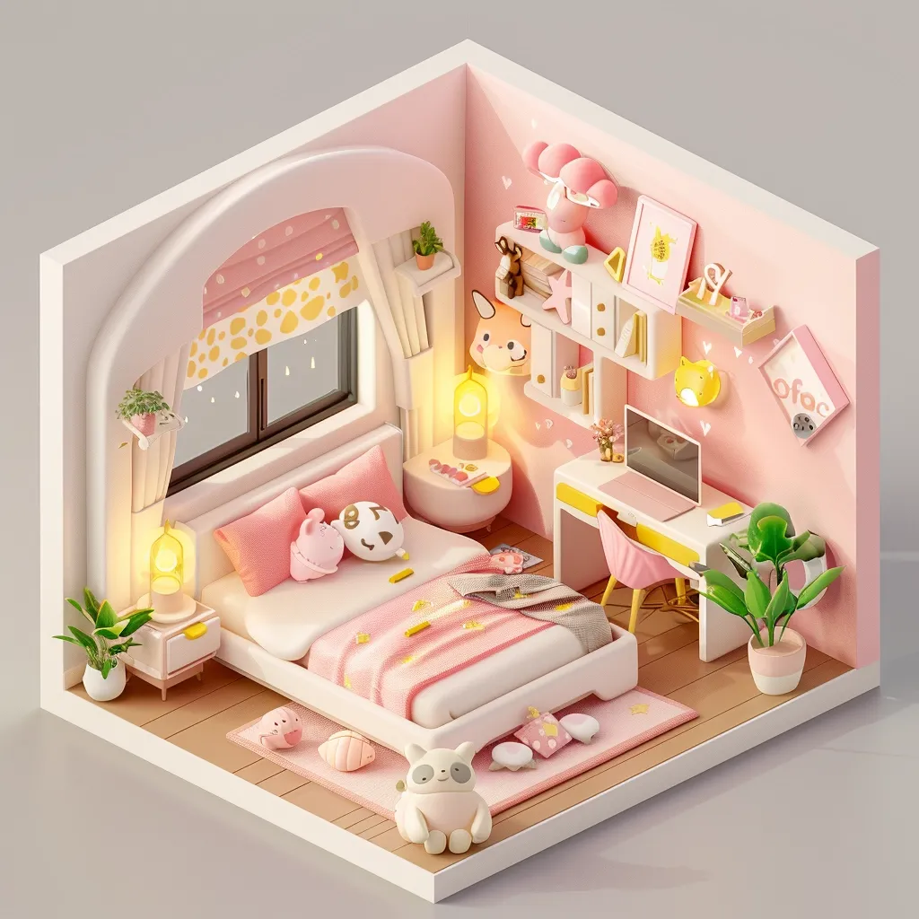 The image shows a miniature dollhouse bedroom decorated in a cute and girly style. The room is painted in soft pink and features a white bed with pink bedding, a small desk with a chair, and a bookshelf filled with books and toys. There are also several adorable animal figurines scattered around the room. The overall effect is one of whimsy and charm.