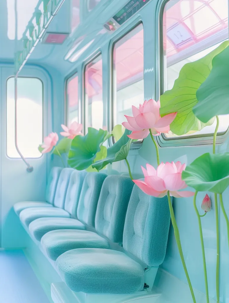 The image shows the interior of a train car, painted in a soft blue color. The seats are also blue, and there are large windows on each side. In the foreground, pink lotus flowers with green leaves protrude through the windows, adding a touch of natural beauty to the sterile environment. The overall effect is serene and peaceful, evoking a sense of calm and tranquility.