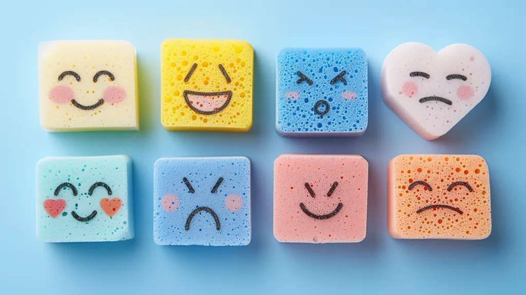 Eight colorful sponges, shaped as squares and a heart, are laid out on a blue surface. Each sponge has a simple drawn face with a different expression. The expressions include happy, sad, angry, surprised, and blushing. They are arranged in three rows.