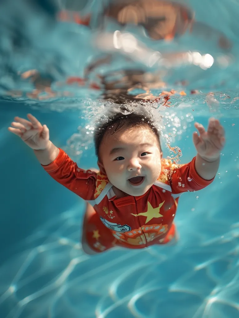 A baby, wearing a red and yellow swimsuit, is underwater in a swimming pool. The baby is looking up at the camera with a happy expression, and their arms are outstretched. The water is clear and blue, and there are bubbles around the baby. The baby's smile is contagious and captures the joy of swimming.