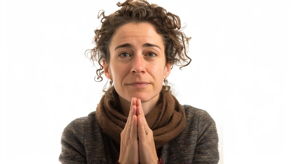 A woman with curly brown hair is wearing a brown scarf and a brown sweater. She is looking at the camera with a serious expression and her hands are clasped together in front of her. She is posing against a plain white background.  The image has a sense of calm and introspection.
