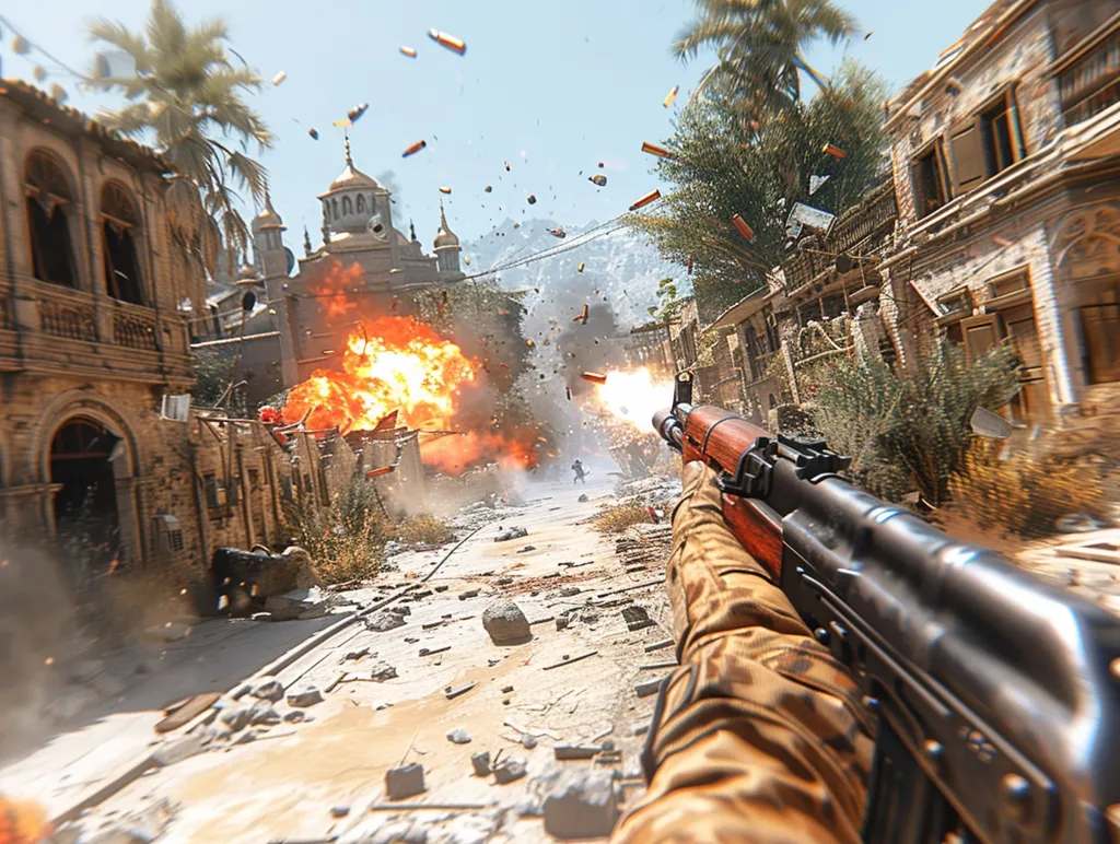 A first-person view of a soldier firing an assault rifle in a warzone.  The soldier is in a destroyed city street, with buildings crumbling and debris scattered around. There is a large explosion in the distance, and the air is filled with flying bullets and smoke. The scene is chaotic and intense.