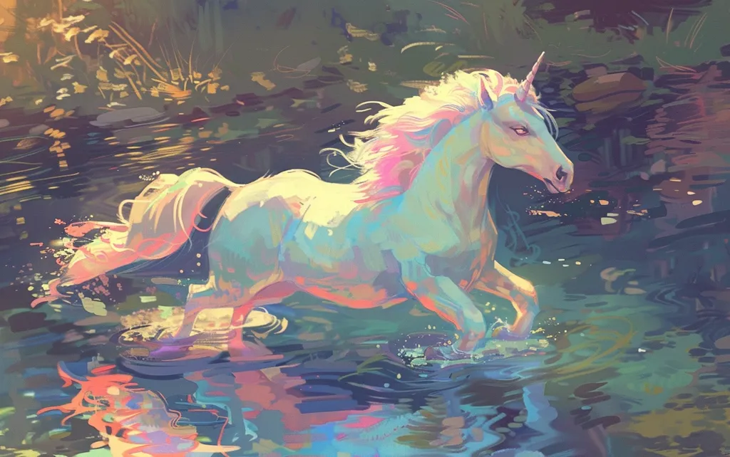 A white unicorn with a pink mane and tail gallops through a shimmering river. The water reflects the surrounding trees and the sun's golden light. The unicorn's horn points toward the sky, adding to its magical aura. The painting is a dreamlike scene, full of vibrant colors and flowing lines.