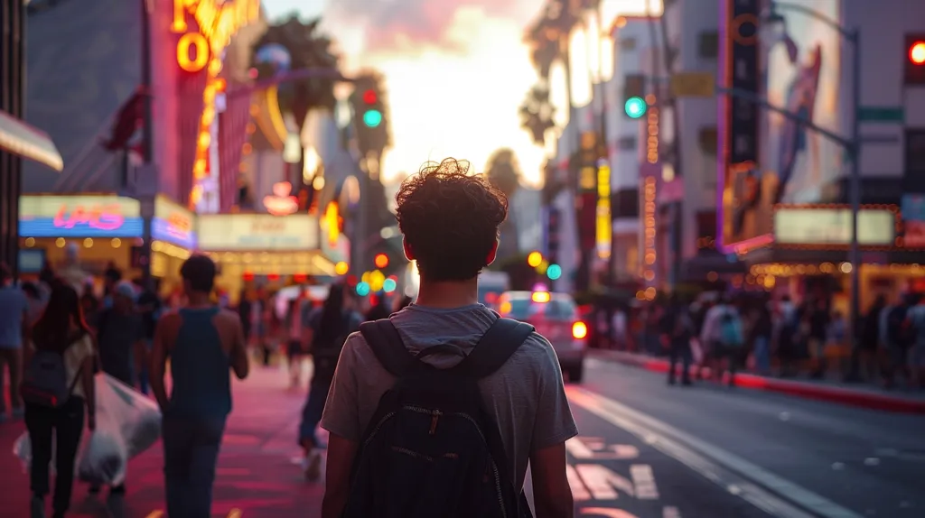 A young man with a backpack walks down a bustling city street, his back to the camera. The street is filled with people and traffic, and the buildings are lit up with bright lights. The man is looking ahead, seemingly lost in thought, as he navigates the crowded streets. The warm glow of the sunset illuminates the scene.