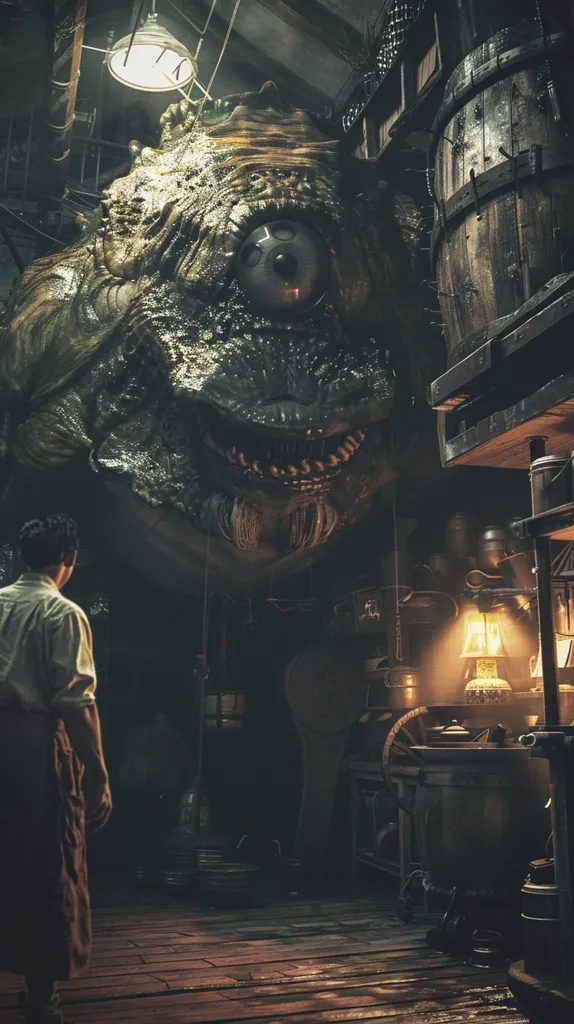 A man stands in a dimly lit room, his back to the viewer, gazing at a monstrous creature. The creature is fleshy and grotesque, with a large, single eye and a gaping maw full of teeth. It hangs from the ceiling, its shadow stretching across the floor. The room is cluttered with barrels and other objects, and a lamp casts a warm glow in the foreground. The scene is eerie and unsettling, hinting at a terrifying encounter.