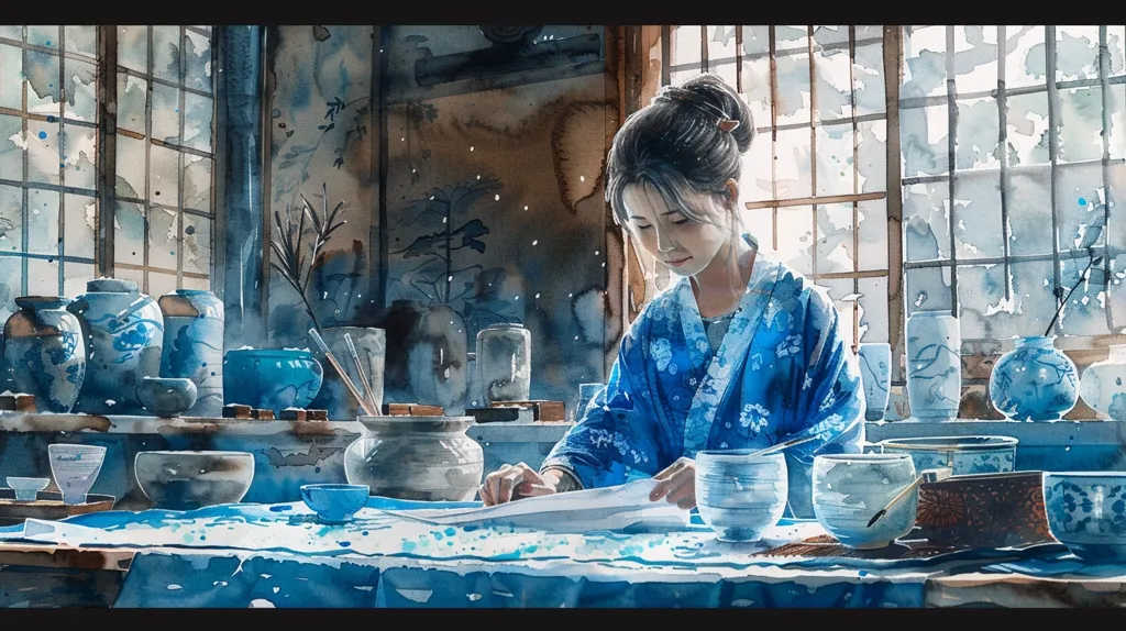 A woman in a blue kimono sits at a table in a room with large windows and a view of a garden. She is looking down at a piece of paper in her hands. The table is covered in blue and white ceramic bowls and vases. The scene is painted in a watercolor style with soft, muted colors. The overall atmosphere is calm and serene.
