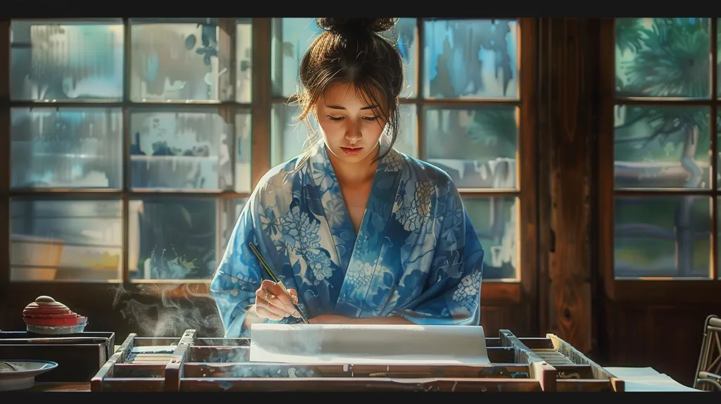 A young woman in a blue floral kimono sits at a table in front of a window, concentrating on her work as she writes with a brush on a piece of paper. The room is dimly lit with natural light coming through the window. The image is evocative of peace and serenity. The woman's focus on her work and the soft lighting create a calming atmosphere.