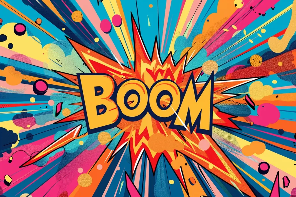 A vibrant comic book-style explosion with the word "BOOM" in bold yellow letters. The background features a colorful array of shapes, lines, and dots radiating outward from the center, creating a dynamic and energetic visual effect. The composition conveys a sense of power, impact, and excitement.
