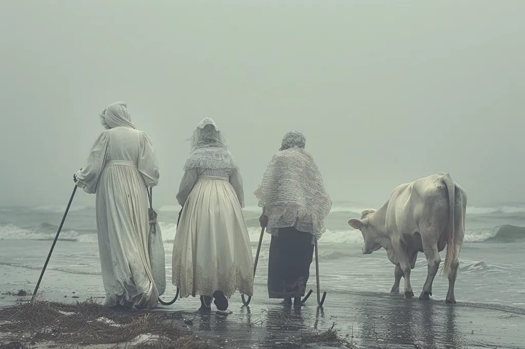 Three women in white dresses and head coverings walk along a misty beach, their backs to the viewer. They hold staffs in their hands. A white cow walks in front of them, seemingly unfazed by the women or the misty surroundings. The image has a sense of mystery and a hint of otherworldly feeling.