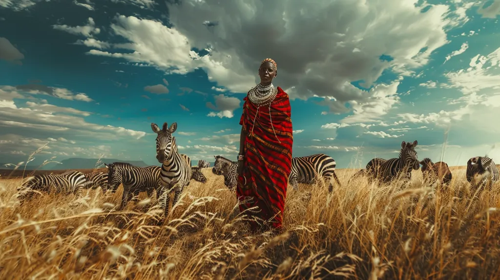 A woman in traditional African clothing stands in a field of tall grass, surrounded by zebras. The sky is blue with white clouds, and the scene is bathed in warm, golden light. The woman is adorned with jewelry and has a serene expression on her face. The zebras are grazing peacefully in the background, adding to the peaceful and harmonious atmosphere. The image captures the beauty of the African savanna and the connection between humans and nature.