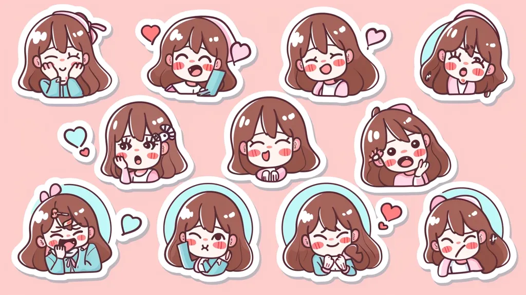 A set of nine cartoon stickers featuring a young girl with brown hair and various facial expressions, including smiling, blushing, surprised, and confused. Each sticker is surrounded by a white border and set against a pink background. Some stickers also feature hearts and other decorative elements.  The stickers are designed in a cute and whimsical style.  They are likely intended for use as social media stickers or for personal use.