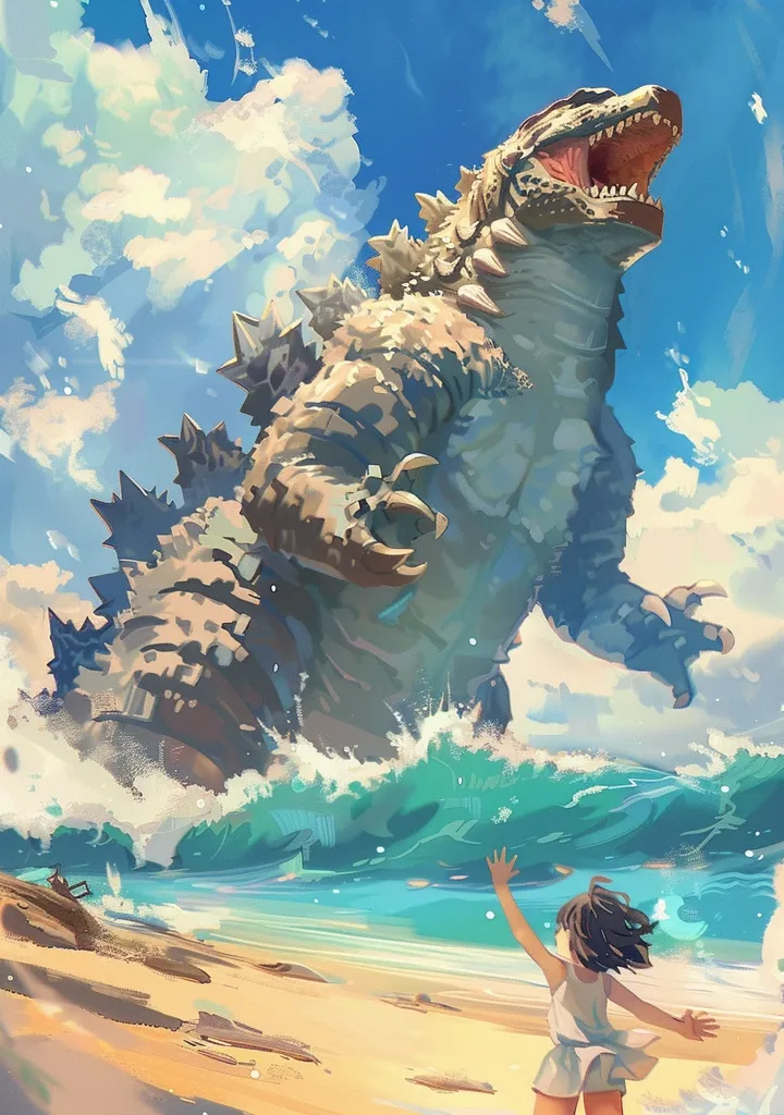 A giant, grey, spiky monster emerges from the ocean, its mouth wide open in a roar. It stands against a bright blue sky dotted with fluffy white clouds.  In the foreground, a small girl in a white dress stands on a sandy beach, her arms outstretched, seemingly looking up in awe at the colossal creature.  The scene has a whimsical, almost cartoonish quality.