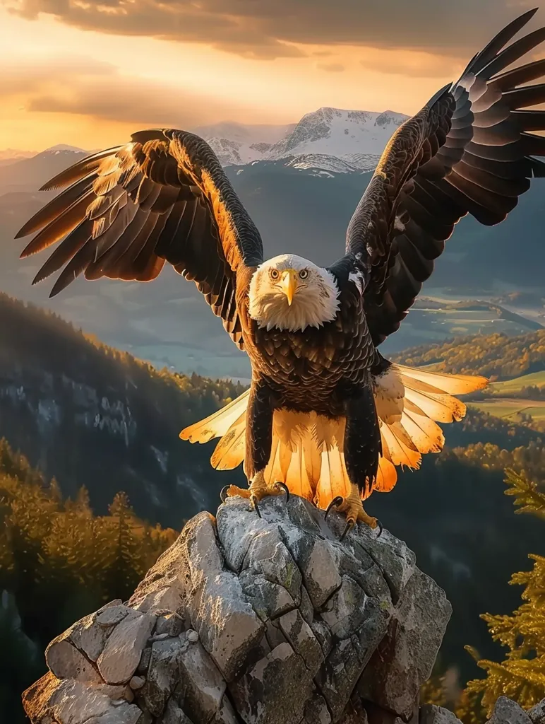 A majestic bald eagle perches on a rocky outcropping, its wings spread wide against a backdrop of snow-capped mountains and a sprawling forest. The golden light of the setting sun illuminates the eagle's feathers, creating a breathtaking scene of power and beauty. The eagle's sharp gaze and powerful stance convey a sense of dominance and freedom.  The image captures the wild beauty of nature and the awe-inspiring presence of this iconic bird.