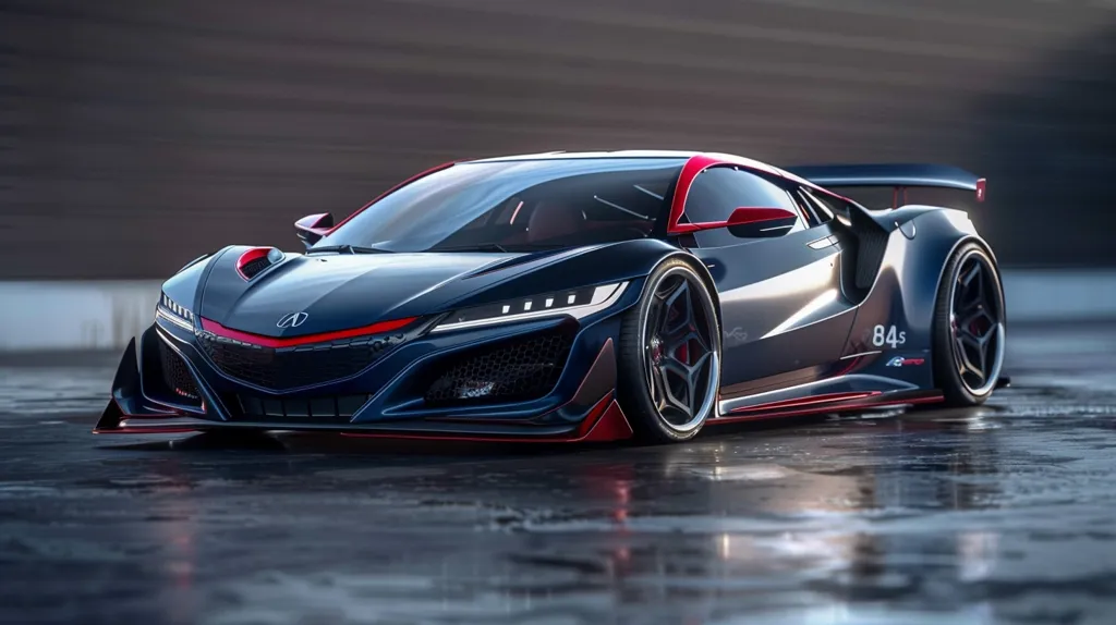 A sleek, dark blue sports car with red accents sits on a wet asphalt surface. It has a large rear wing and a low profile. The car's headlights are on, illuminating the road ahead. The car's design is aggressive and sporty, with sharp lines and curves. The car's number is "84s."  The car's reflection is visible in the wet asphalt.