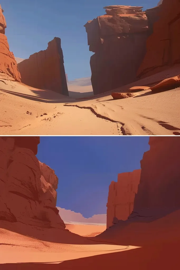 The image shows two different views of a desert landscape. In the top view, tall, red rock formations rise up on either side of a sandy canyon, creating a narrow passageway. The bottom view focuses on a wider section of the canyon, with towering cliffs framing the scene.  The sky is a clear blue in both images, and the sand is a warm, orange color.  There is a sense of vastness and solitude in the image.