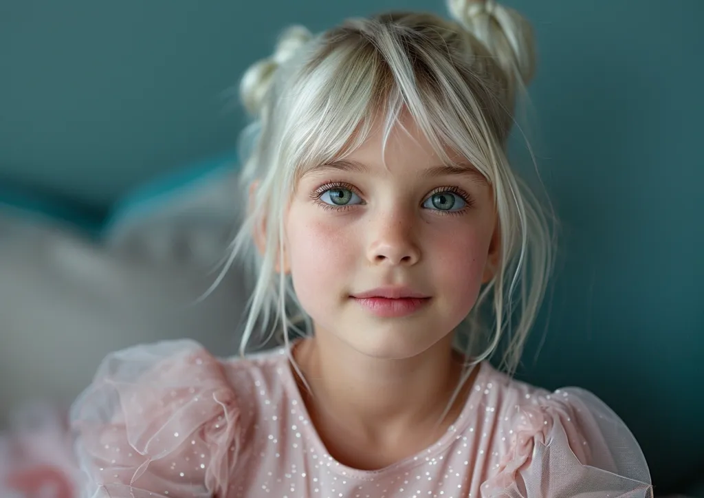 A young girl with blonde hair and bright blue eyes stares directly at the camera. She is wearing a pink, sparkly shirt with frilly sleeves. The image is close-up and focused on her face, giving a sense of intimacy and curiosity. A soft, out-of-focus background suggests a comfortable and domestic setting.  The girl's expression is open and inviting, suggesting a sense of innocence and vulnerability.