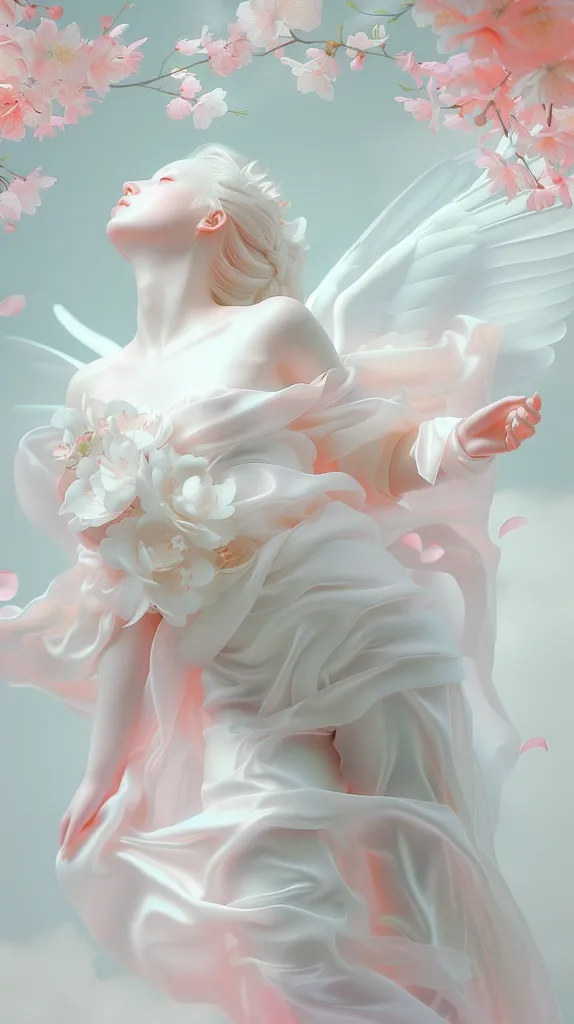 A delicate figure in a flowing white gown with ethereal wings, suspended in mid-air. She holds a cluster of white blossoms, while her pale skin is illuminated by a soft, ethereal light. Pink petals float around her, creating a dreamlike atmosphere. The image evokes a sense of grace, purity, and otherworldly beauty.