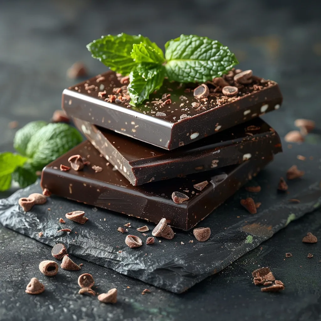 A stack of four dark chocolate bars, topped with fresh mint leaves and scattered chocolate chips, sits on a black slate surface. The chocolate is rich and glossy, reflecting the light. The mint leaves add a touch of freshness to the indulgent scene. Scattered chocolate chips around the bars create a visually appealing and tempting display.