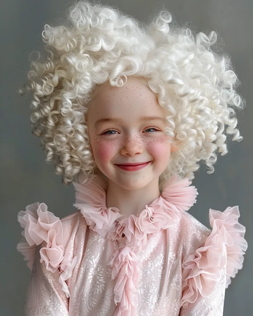 A young girl with a large, curly, white wig smiles at the camera. She is wearing a pink, ruffled dress with intricate floral patterns. Her skin is fair and covered in freckles. Her blue eyes are bright and full of joy. The image has a whimsical and charming quality.