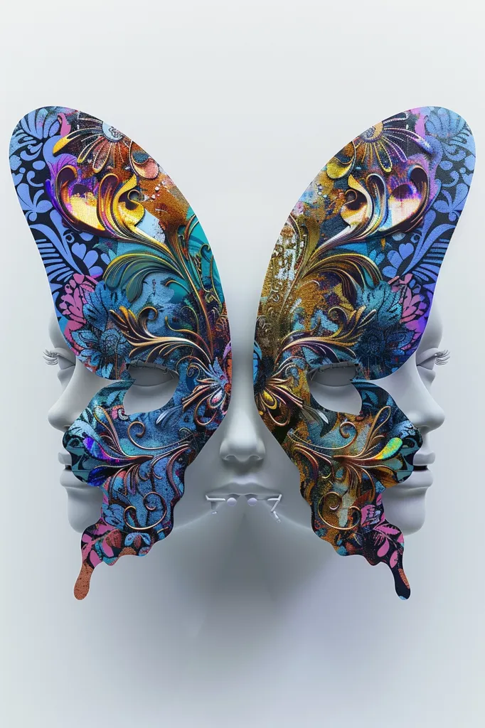 Two butterfly-shaped masks are placed in front of a white background, covering the faces of two figures. The masks have a vibrant, colorful design with intricate details, blending blue, pink, gold, and purple hues. The masks create a sense of mystery and intrigue. The overall image evokes a sense of elegance and artistry.