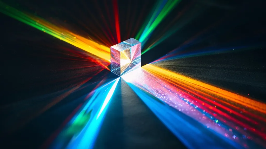A crystal prism sits in the center of a dark background, surrounded by radiating beams of light. The prism splits the light into a spectrum of colors, creating a vibrant rainbow effect. The beams create an illusion of depth and dimension, with the colors fading into a deep blue hue at the edges. The image evokes a sense of wonder and the beauty of light's interaction with matter.