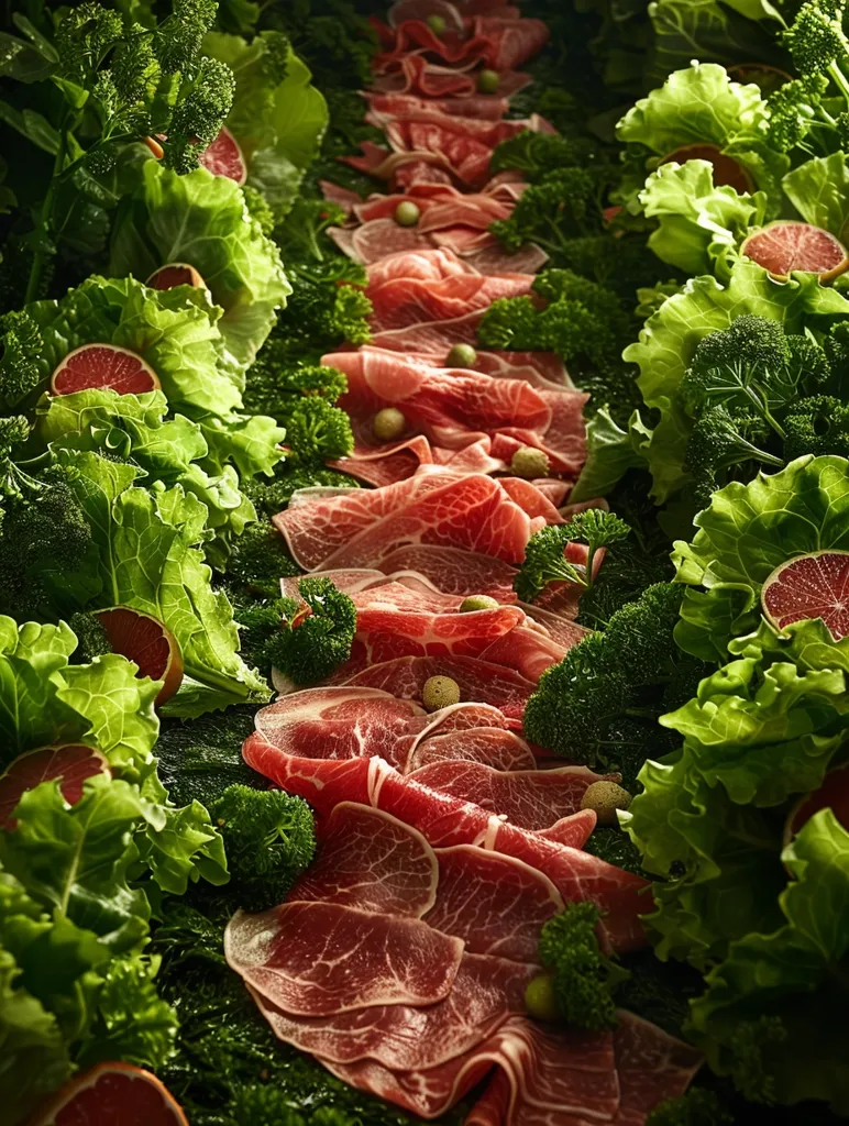 A path of thinly sliced, raw meat, arranged in a long row, surrounded by bright green lettuce leaves and sprigs of parsley. The meat is raw and glistening, suggesting a fresh and high-quality product. It's a visually appealing and intriguing arrangement, perhaps showcasing the ingredients of a gourmet meal.