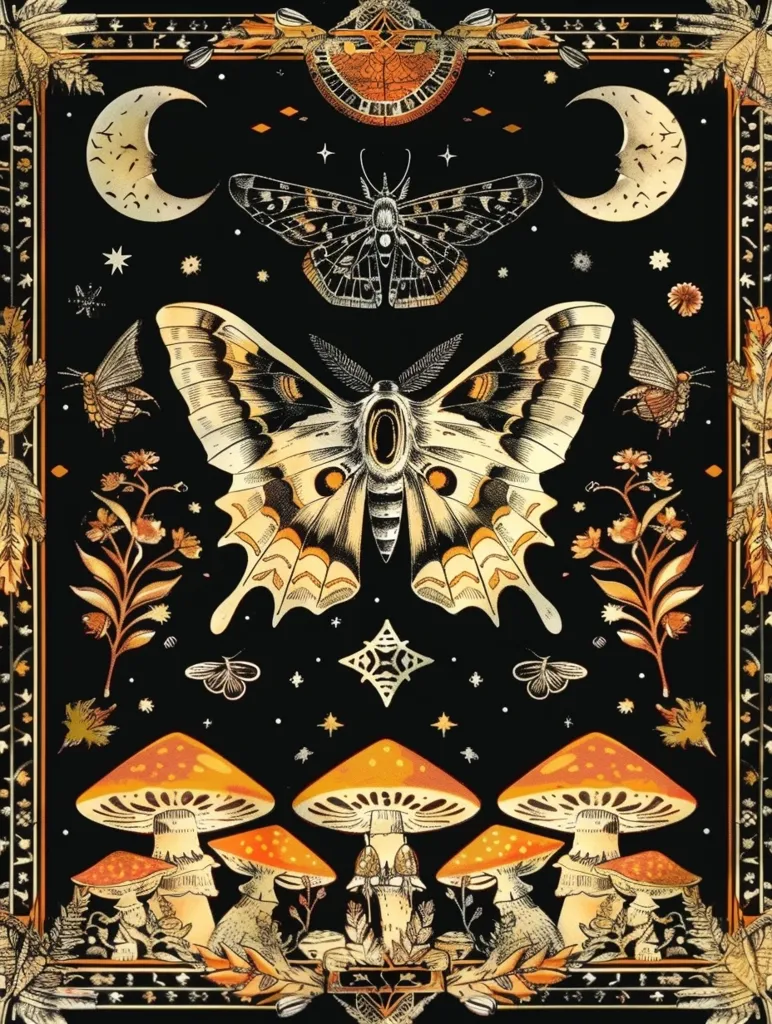 A dark background with an intricate frame, centered around a large moth with intricate wings.  The moths are surrounded by crescents, stars, smaller moths, and mushrooms with bright orange caps. The image evokes a sense of magic and whimsy, with a focus on nature's intricate details.